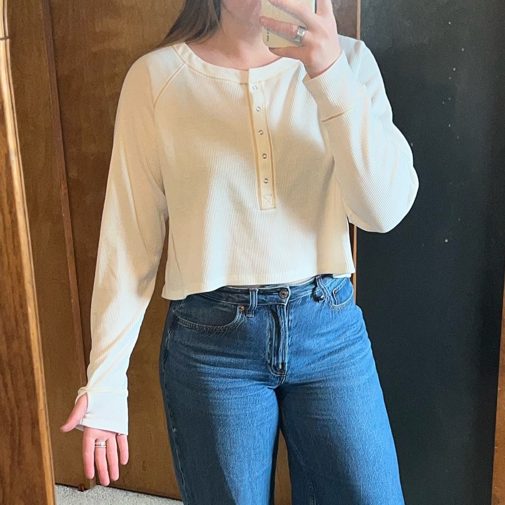 Free People Intimately Early Night Cropped Pullover, Size Large, White Taupe